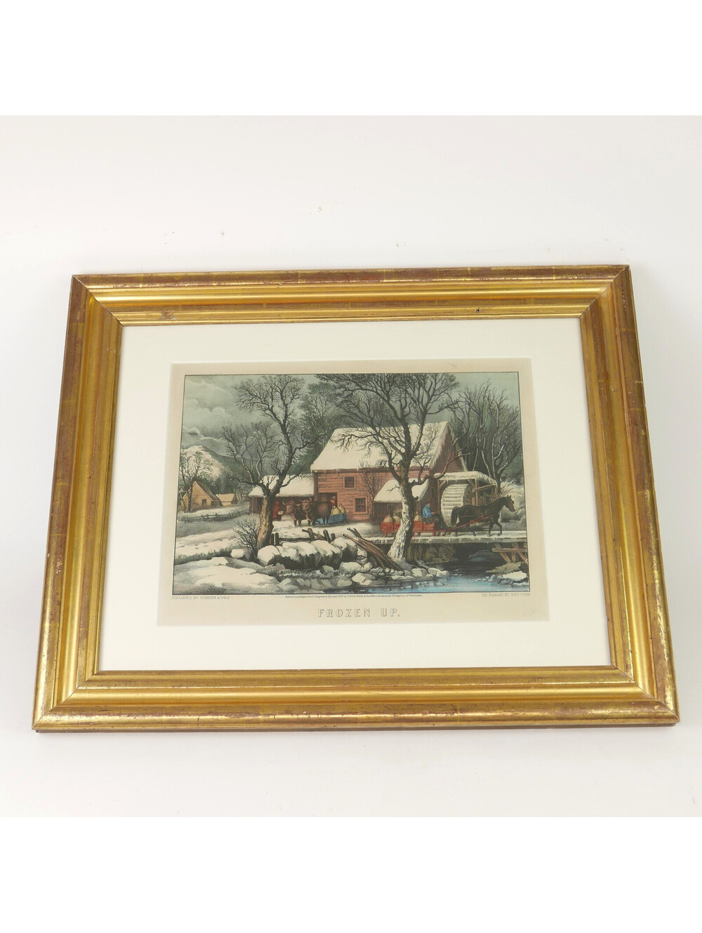 Currier & Ives Hand Colored Lithograph Print Frozen Up Winter Antique 1878 Frame